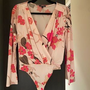 Express front wrap pink floral bodysuit